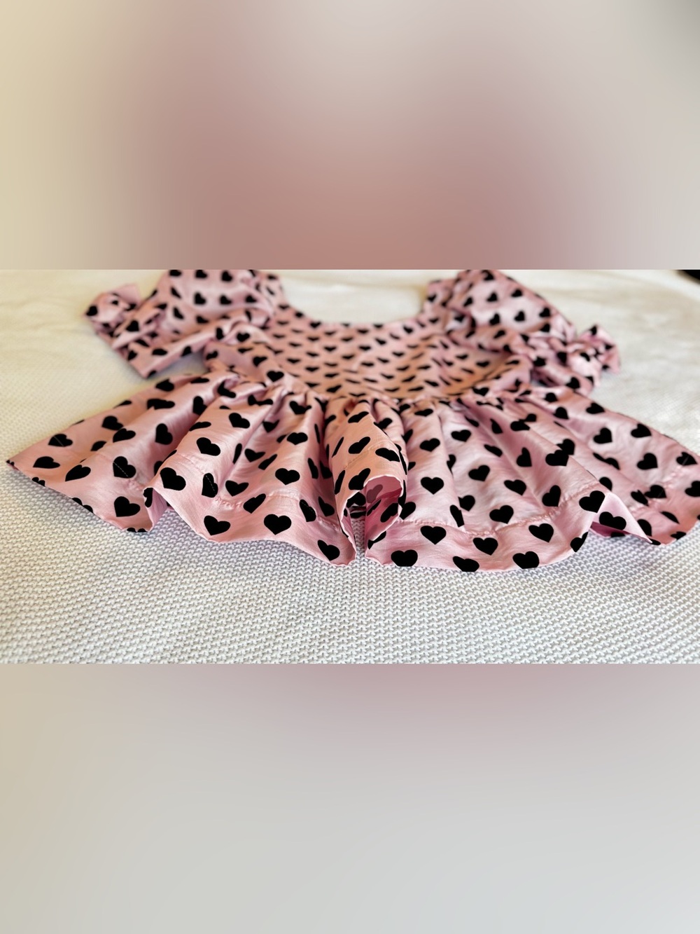 LOVESHACKFANCY Pink Taffeta & Black Velvet Heart Peplum Top Puff Sleeve Blouse - Picture 7 of 16